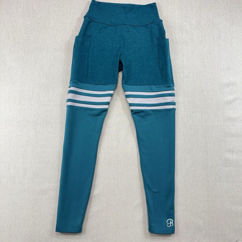 Bombshell Sportswear Teal Leggings Size S High Waist Moto Mesh Stripe Pocket